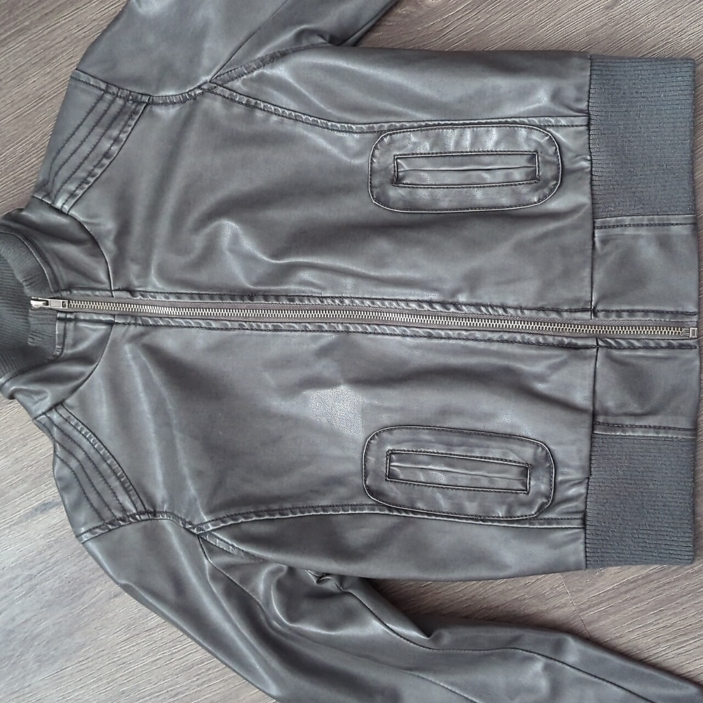 Blue Spice Gray Faux Leather Bomber Jacket - Size S